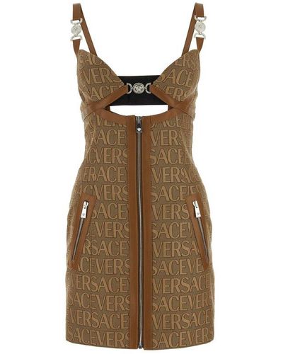 Versace Cut-out Jacquard Sleeveless Mini Dress - Brown