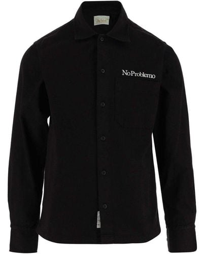 Aries Slogan Embroidered Buttoned Shirt - Black