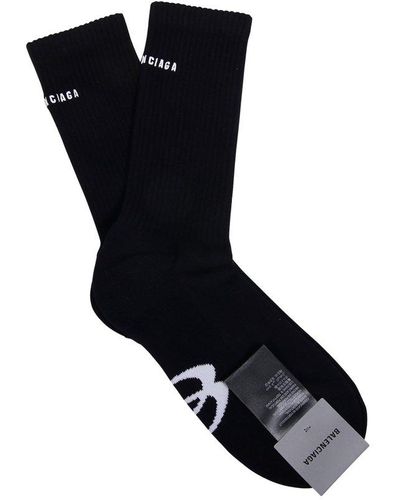 Balenciaga Logo Detailed Ribbed Socks - Black