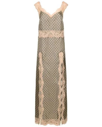 Gucci Lace-trimmed Printed Silk-twill Maxi Dress - Natural