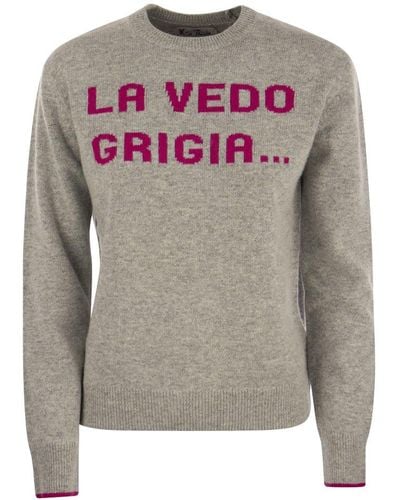 Mc2 Saint Barth Wool And Cashmere Blend Sweater With La Vedo Grigia Embroidery - Grey