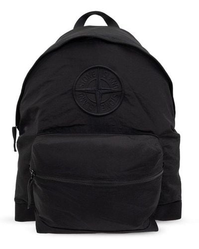 Stone Island Logo Embroidered Backpack - Black