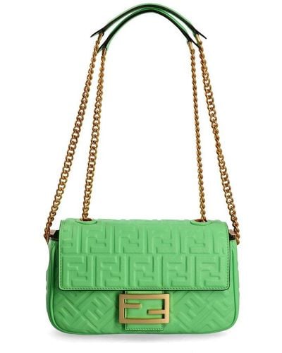 Fendi Baguette Midi Ff Leather Shoulder Bag - Green