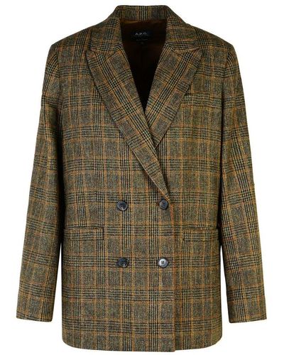 A.P.C. Checked Double-breasted Blazer - Green