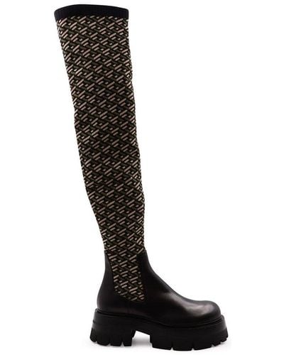 Versace Intarsia-knitted Panelled Ridged-sole Boots - Black