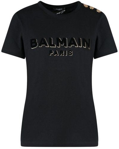 Balmain 3 Button Logo Mettalic Flock T-shirt In Black/gold