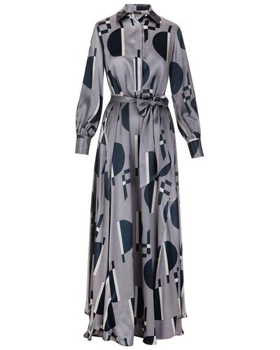 Kiton Long Gray Dress With All-over Pattern In Contrast