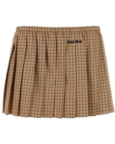 Miu Miu Checked Pleated Mini Skirt - Natural