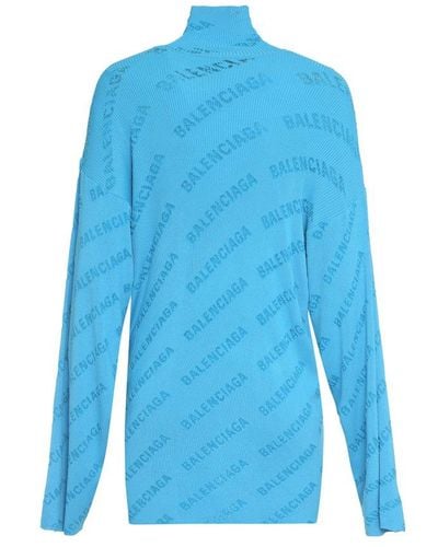Balenciaga All-over Logo Print Turtleneck Sweater - Blue