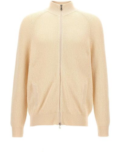 Brunello Cucinelli High Neck Zip-up Knitted Cardigan - Natural