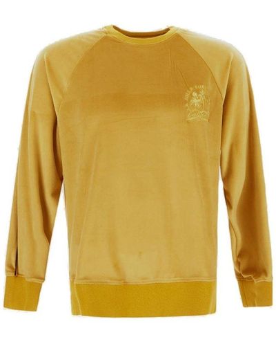 PT Torino Logo Embroidered Crewneck Velvet Sweatshirt - Yellow