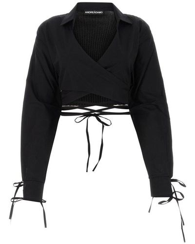 ANDREA ADAMO V-neck Tie Fastening Knit Blouse - Black