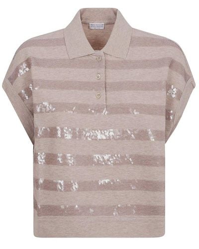 Brunello Cucinelli Sequin Embellished Polo Top - Natural