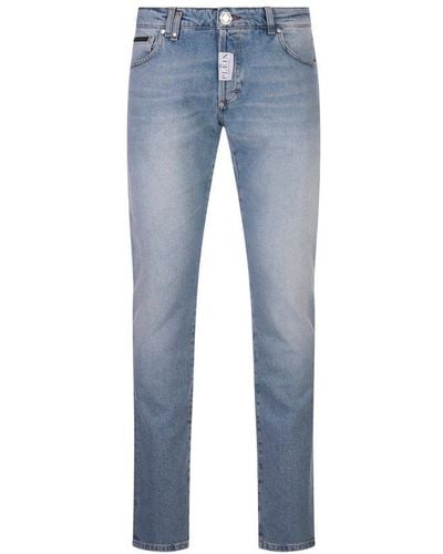 Philipp Plein Logo-patch Straight-leg Slim-cut Jeans - Blue