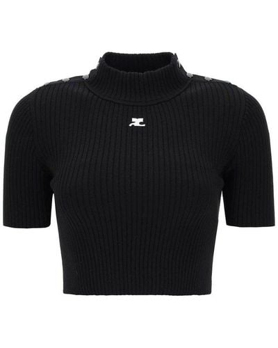 Courreges Ribbed Knit Cropped Sweater - Black