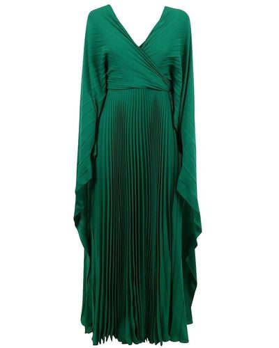 Valentino V-neck Pleated Cape Sleeved Dress - Green