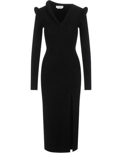 Alexander McQueen Ribbed Knit Midi Dress - Black
