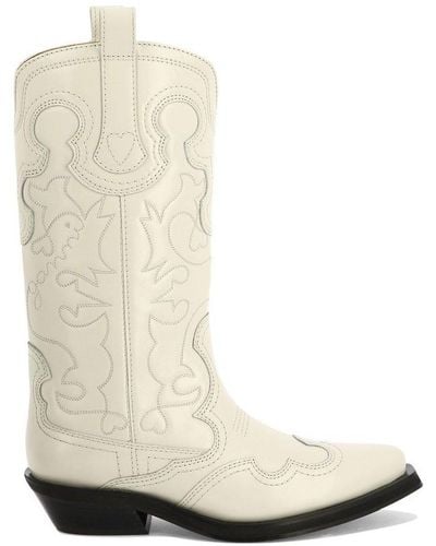 Ganni Embroidered Pointed-toe Western Boots - White
