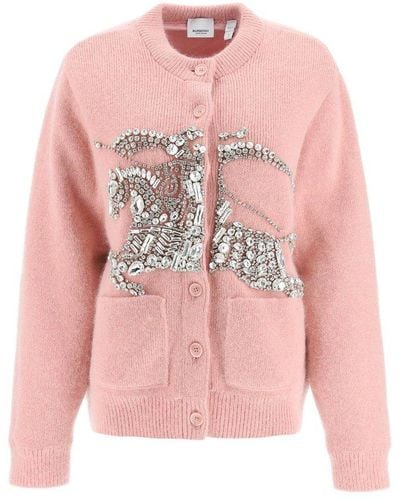 Burberry Crystal 'equestrian Knight' Padded Cardigan - Pink