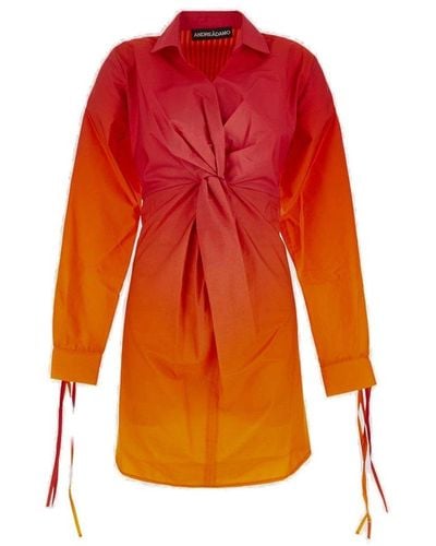 ANDREA ADAMO Gradient-effect Gathered V-neck Mini Dress - Orange