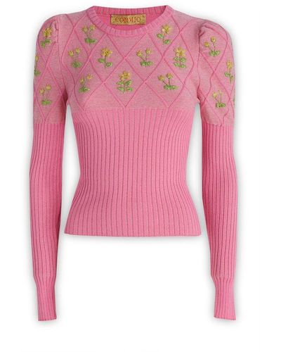 Cormio Floral Embroidered Knitted Jumper - Pink
