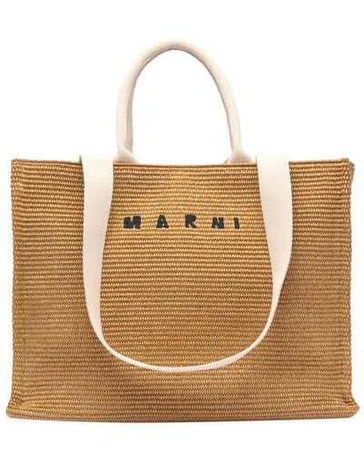 Marni Logo Embroidered Woven Tote Bag - Brown