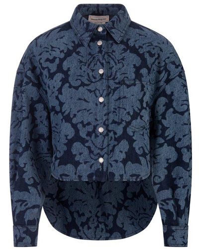 Alexander McQueen Damask-jacquard Buttoned Denim Shirt - Blue