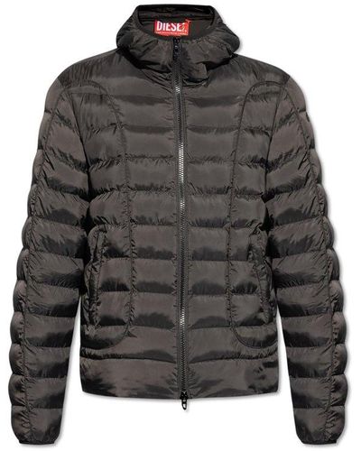 DIESEL D Logo Patch Quilted Hooded Jacket - Black