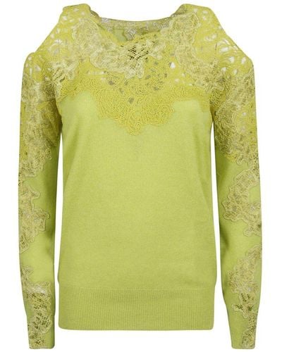 Ermanno Scervino Floral-laced Off-shoulder Knitted Top - Green