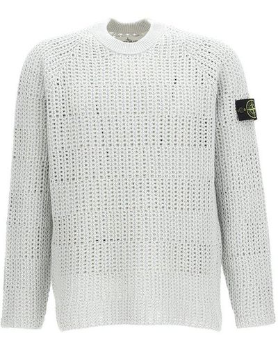 Stone Island Logo Patch Open Knit Crewneck Sweater - White