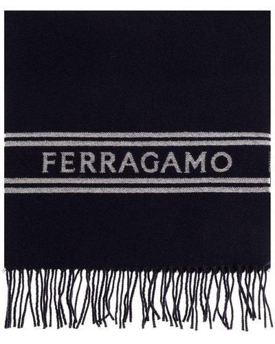 Ferragamo Logo-intarsia Fringed Scarf - Blue