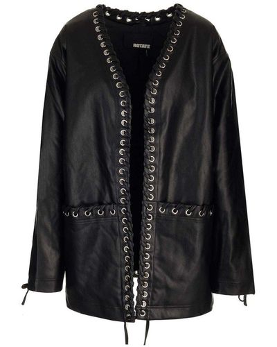 ROTATE BIRGER CHRISTENSEN Eyelet-embellished Open Front Leather Coat - Black