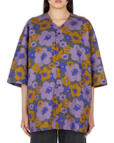Acne Studios Floral Print V-neck Oversized Shirt - Blue