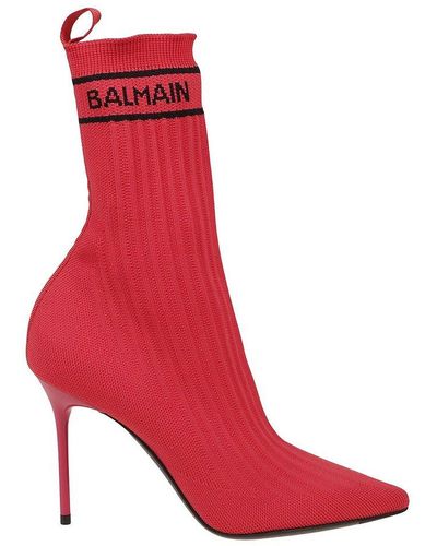 Balmain Skye-knit Pointed Toe Boots - Red