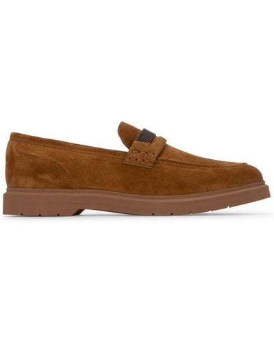 Brunello Cucinelli Beaded Almond Toe Penny Loafers - Brown