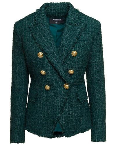 Balmain Double Breasted Tweed Jacket - Green