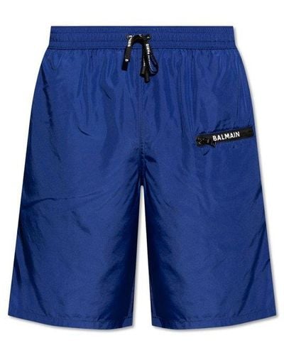 Balmain Logo Printed Swim Shorts - Blue