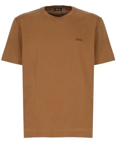 Zegna Logo Embroidered Crewneck T-shirt - Brown