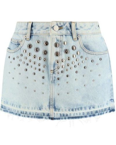 Alessandra Rich Embellished Frayed Hem Mini Denim Skirt - Blue