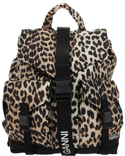 Ganni Leopard Printed Drawstring Backpack - Black