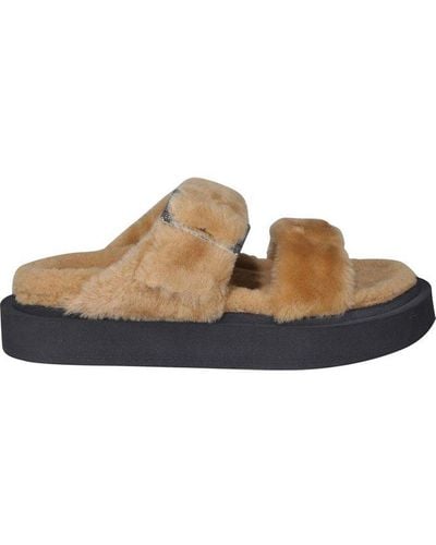 Giuseppe Zanotti Faux Fur Slip On Buckled Sandals - Brown