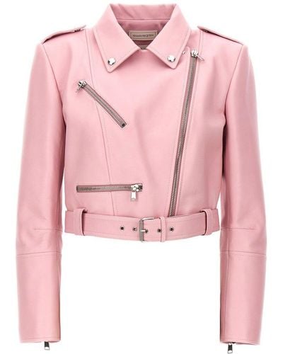 Alexander McQueen Notched-collar Cropped Leather Jacket - Pink