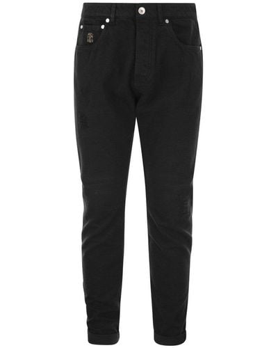 Brunello Cucinelli Garment-dyed Traditional Fit Five-pocket Trousers In Slubbed Cotton Denim - Black