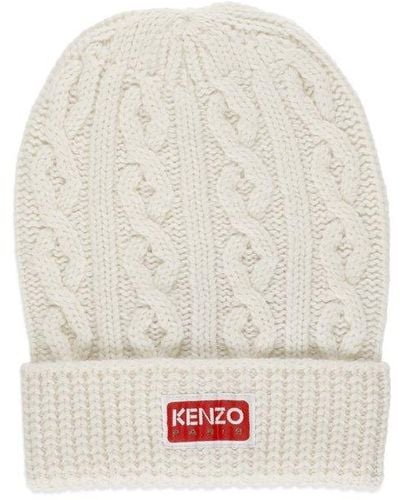 KENZO Logo-patch Cable-knitted Beanie - White