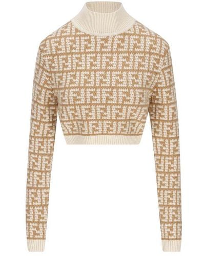 Fendi Monogram Jacquard Cropped Knit Sweater - White