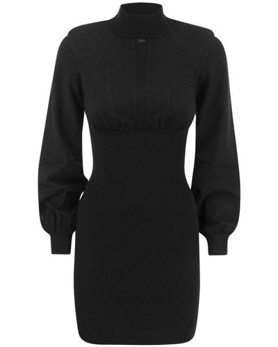 Elisabetta Franchi Ribbed Mini Dress With High Neck And Cups - Black