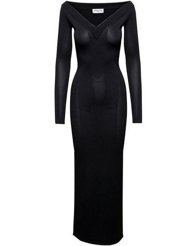 Saint Laurent Off-Shoulder V-Neck Long Dress - Black