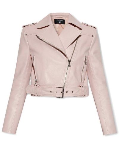 Balmain Short Biker Jacket In Leather - Pink