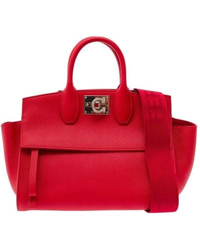 Ferragamo 'studio Bag S' Handbag With Gancini Detail In Hamme Leather - Red