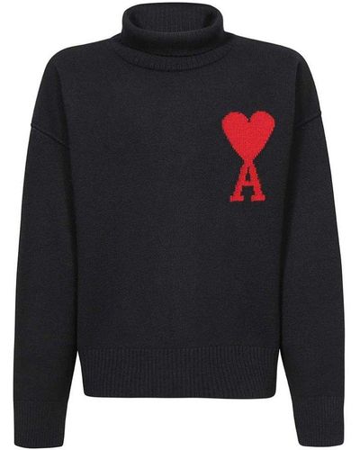 Ami Paris Paris De Coeur Logo Intarsia Knitted Roll-neck Sweater - Blue